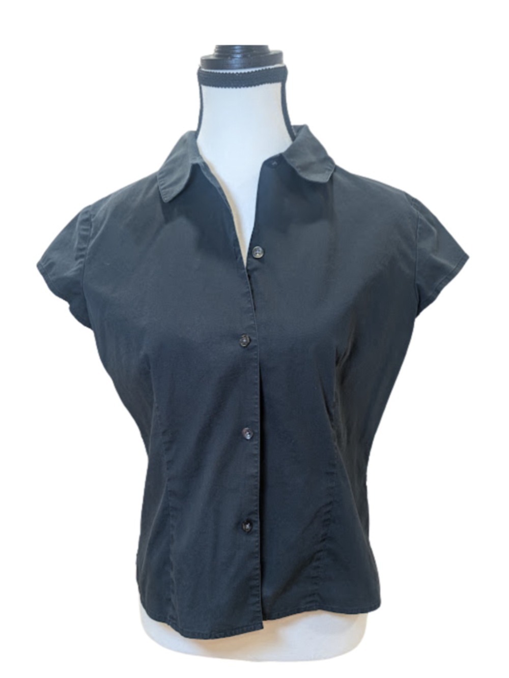 Caslon Black Button Front Women's Blouse Small Stretch Cotton Office Capsule Top